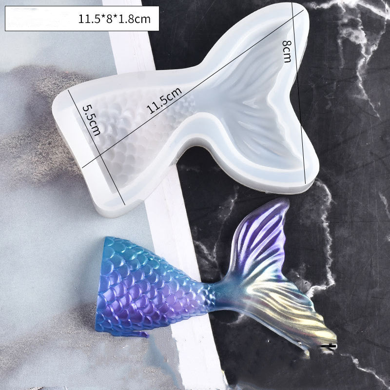 Arts And More Tail Silicone Mold with dimensions shown next to a finished blue and purple mermaid tail craft